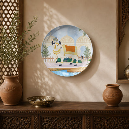 Sacred Courtyard ceramic wall plate featuring a decorated sacred cow in a serene palace courtyard.