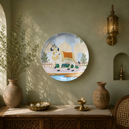 Premium glossy ceramic wall décor celebrating India's spiritual heritage with a sacred cow and palace gardens.