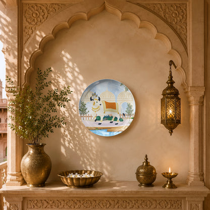 Luxury ceramic wall plate with a sacred cow, tranquil courtyard, domed palace and heritage-inspired artwork.