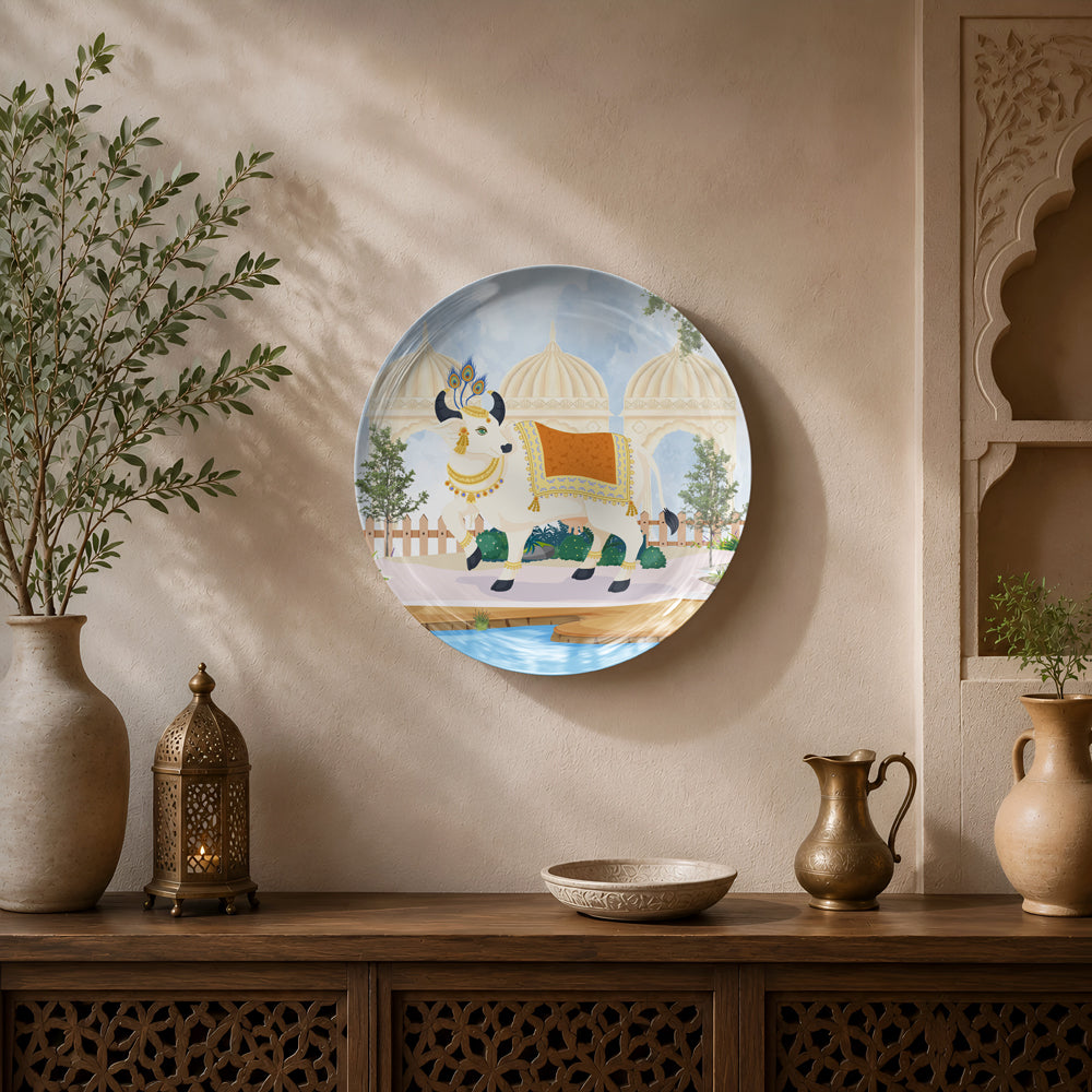 Premium ceramic wall plate inspired by Pichwai art with a sacred cow and domed palace architecture.