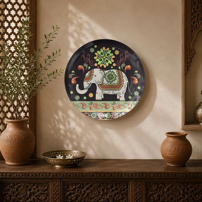 Royal Motifs ceramic wall plate featuring an ornate white elephant with traditional Indian floral patterns.