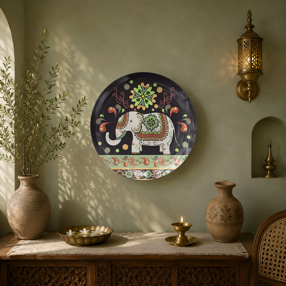 Premium glossy ceramic wall décor celebrating India's decorative arts with an ornate elephant design.