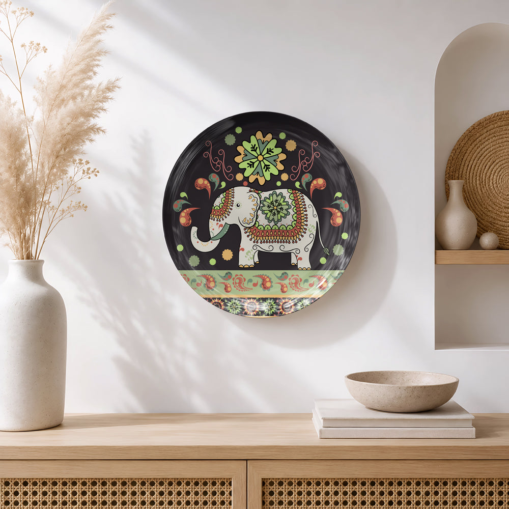 Ready-to-display ceramic wall plate inspired by Indian folk and miniature art featuring a decorative elephant.
