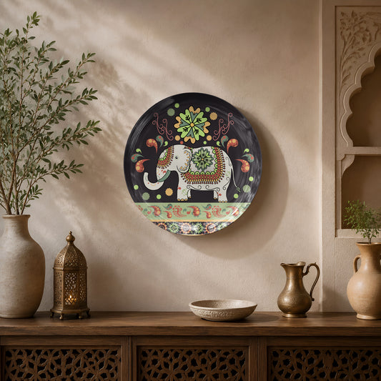 Premium ceramic wall plate inspired by Indian folk art with a beautifully decorated elephant.