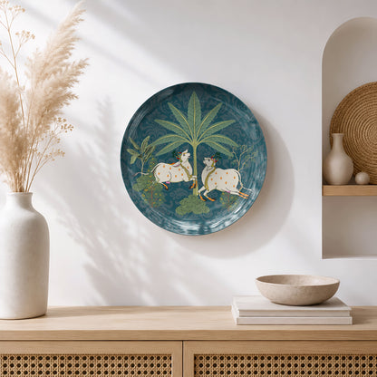 Ready-to-display ceramic wall plate inspired by Nathdwara Pichwai paintings with sacred cows.