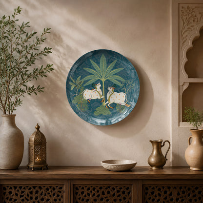 Premium ceramic wall plate inspired by traditional Pichwai art with sacred cows and botanical motifs.