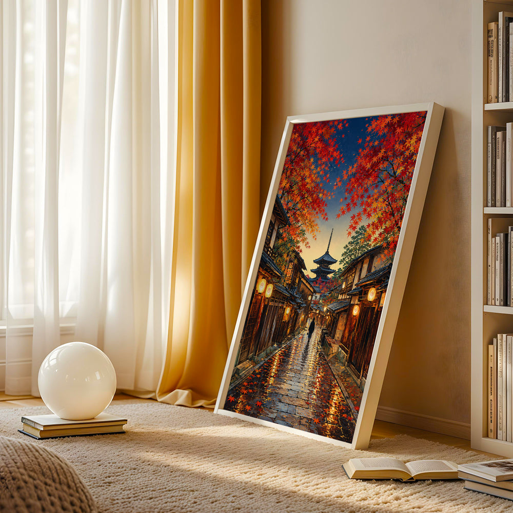 Autumn Kyoto canvas artwork showing a rain-soaked stone street lined with traditional Japanese houses and maple trees