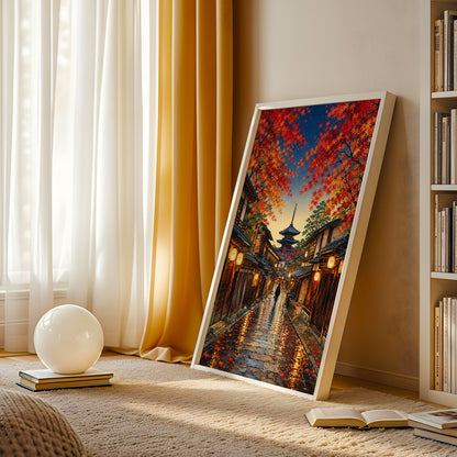 Autumn Kyoto canvas artwork showing a rain-soaked stone street lined with traditional Japanese houses and maple trees