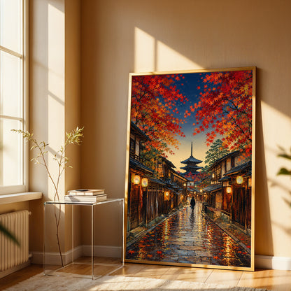 Kyoto autumn street canvas wall art with red maple trees, glowing lanterns, and traditional Japanese architecture
