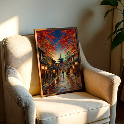 Museum Grade Canvas Wall Art of a traditional Kyoto street surrounded by colorful autumn maple trees and warm lantern light