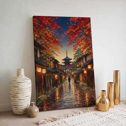 Traditional Kyoto street at autumn evening with red foliage, glowing lanterns, wooden buildings, and pagoda