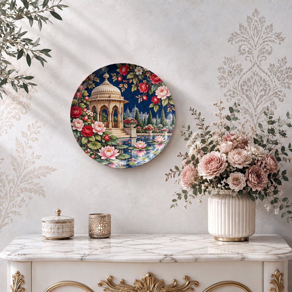 Blossoms by the Water glossy ceramic plate with colourful flowers and intricate pavilion architecture