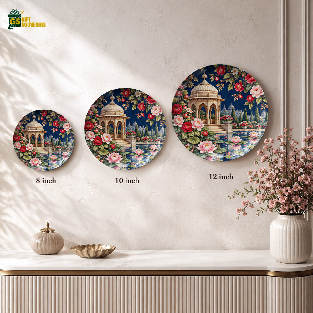 Decorative floral wall plate with an ornate gazebo, floating lotus blossoms and botanical details