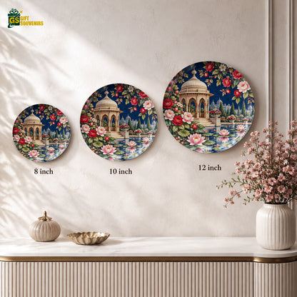 Decorative floral wall plate with an ornate gazebo, floating lotus blossoms and botanical details