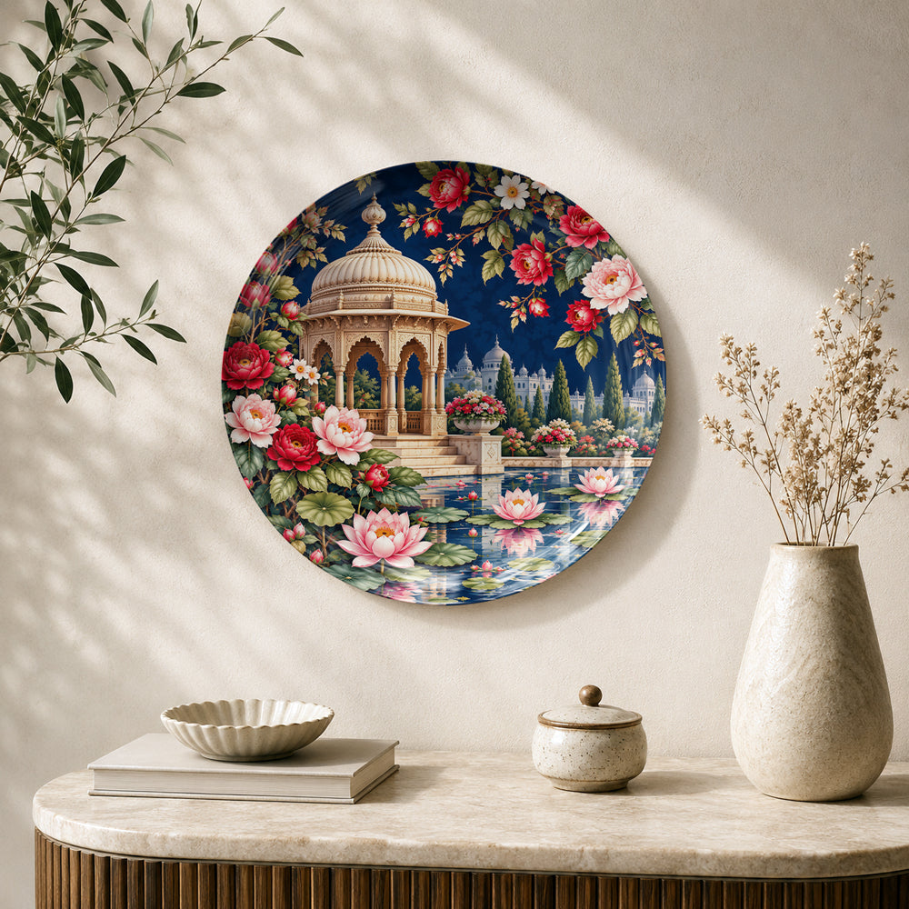 Blossoms by the Water ceramic wall plate featuring an ornate pavilion and blooming lotus flowers