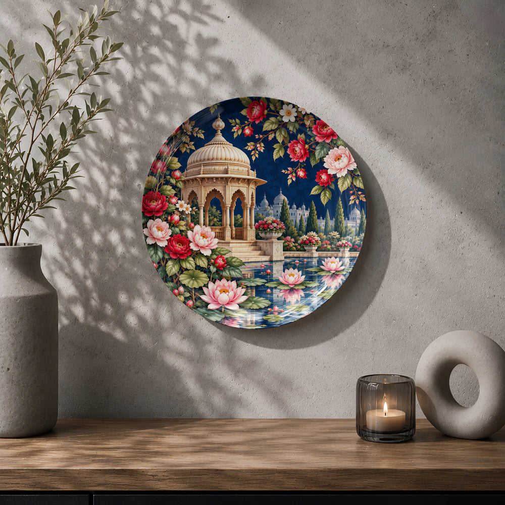 Floral pavilion ceramic souvenir plate with pink lotus blossoms and a midnight-blue background