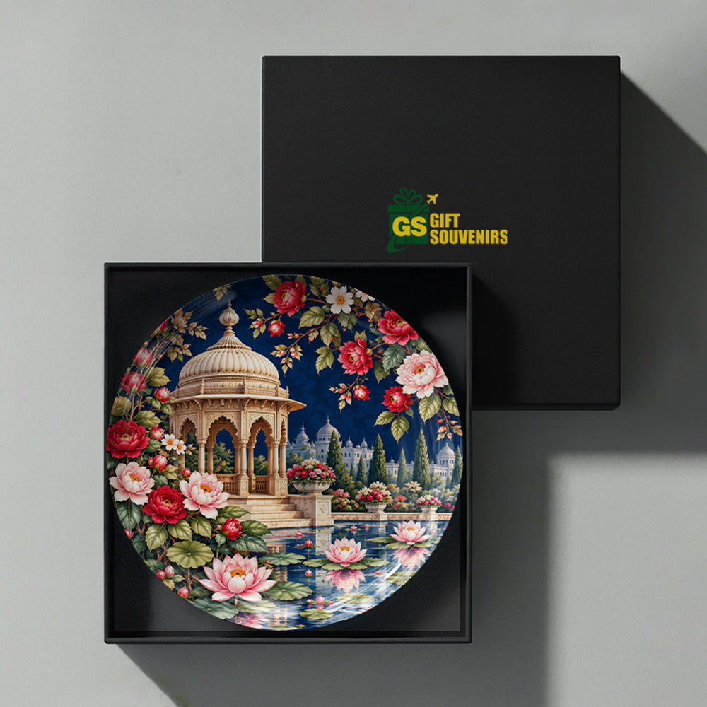 Premium ceramic wall plate with a midnight-blue floral garden design and blooming water lilies