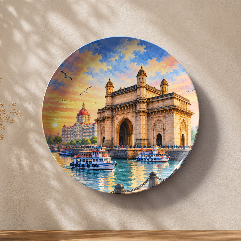 Mumbai at Sunset Gateway of India ceramic wall plate featuring the iconic monument beside the waterfront