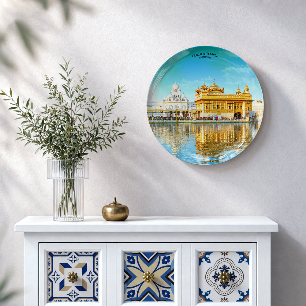 Golden Temple Amritsar ceramic wall plate souvenir showcasing Punjab heritage in daylight