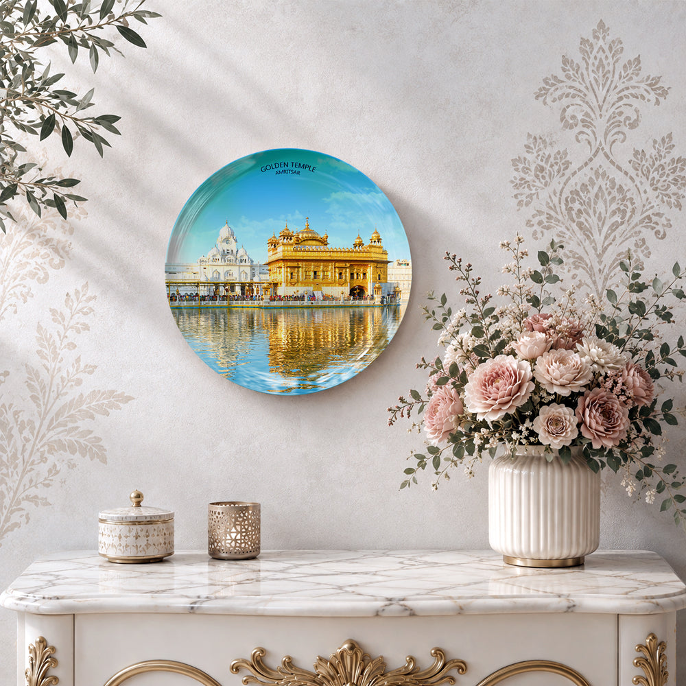 Punjab heritage ceramic wall plate featuring Golden Temple architecture reflected in the Amrit Sarovar