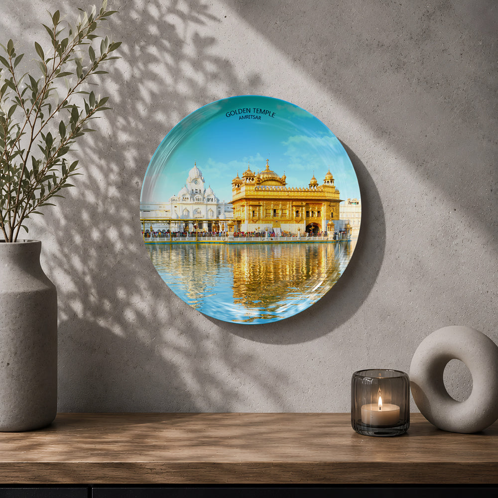Amritsar Golden Temple ceramic wall plate featuring bright blue sky, golden architecture and water reflections