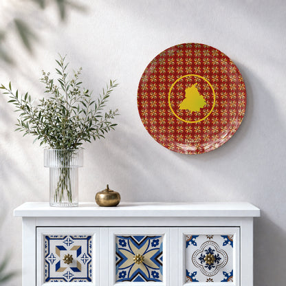 Punjabi Phulkari ceramic wall plate featuring golden Punjab map and traditional textile patterns