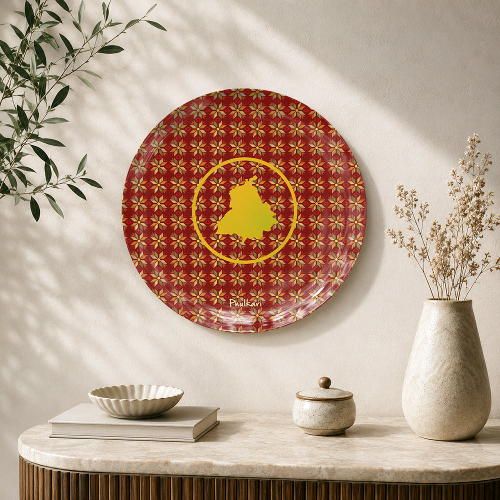 Punjab Di Pehchaan Phulkari ceramic wall plate featuring Punjab map and traditional patterns