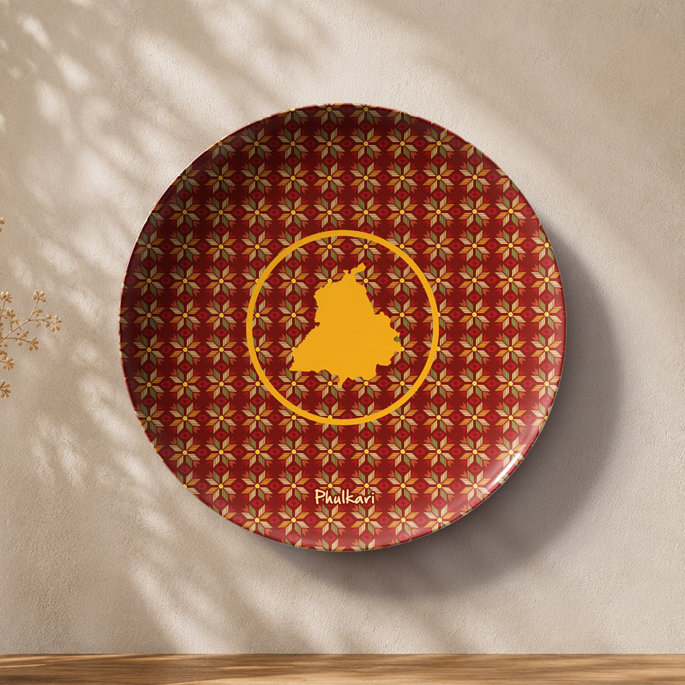 Punjab heritage ceramic wall plate souvenir with Phulkari-inspired geometric floral artwork