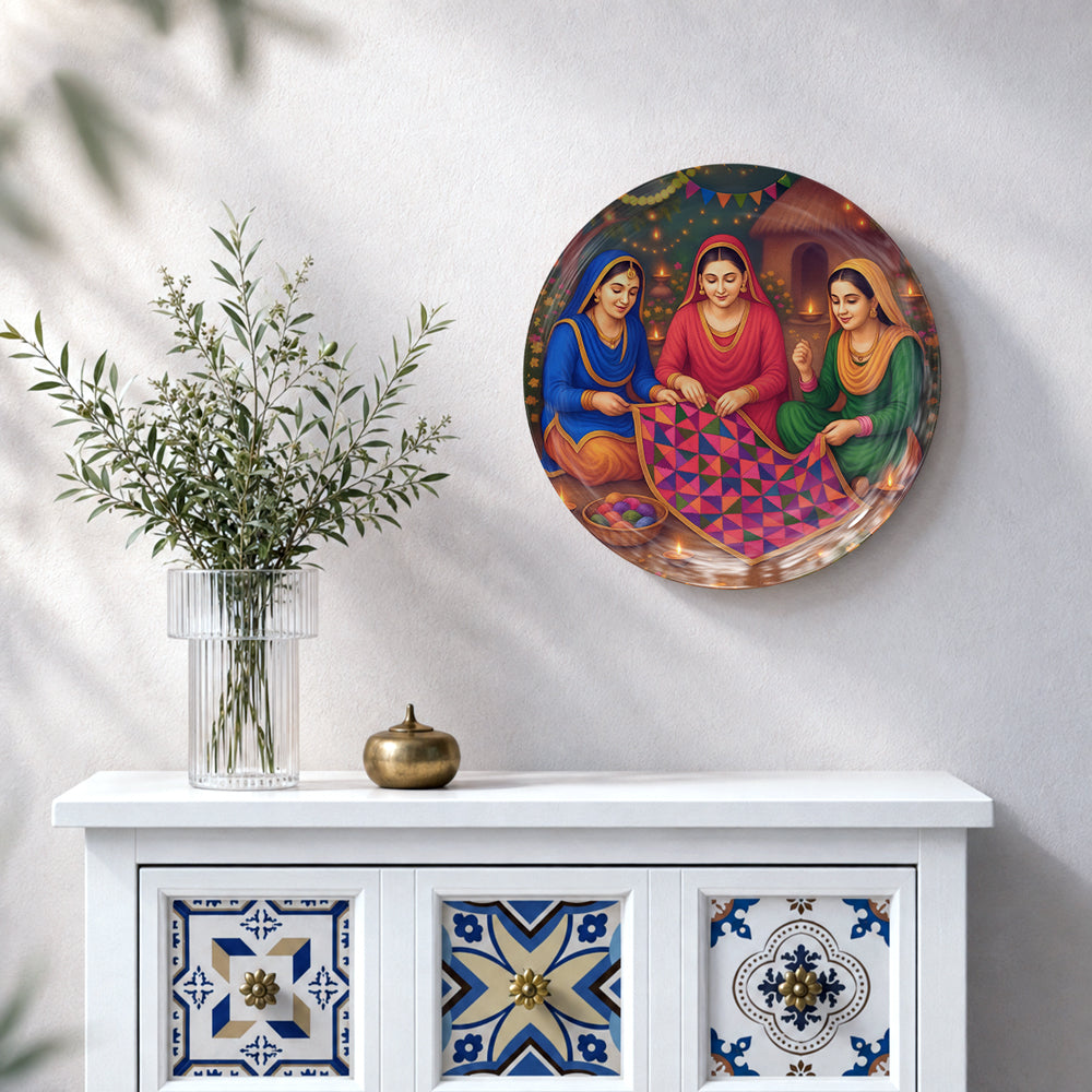 Punjabi heritage ceramic wall plate souvenir featuring women creating vibrant Phulkari artwork