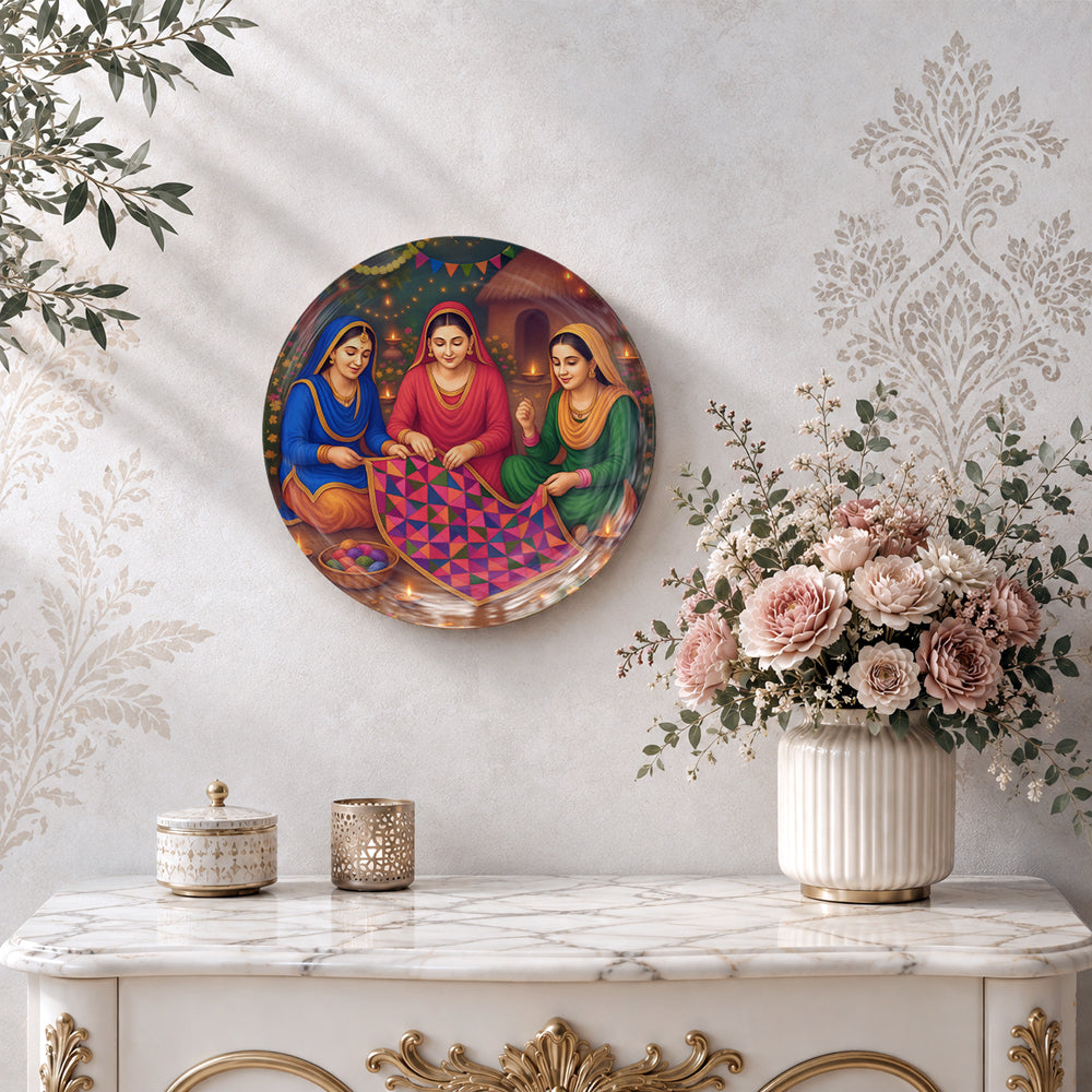 Sanjhi Virasat ceramic souvenir with traditional Phulkari embroidery and Punjabi village setting