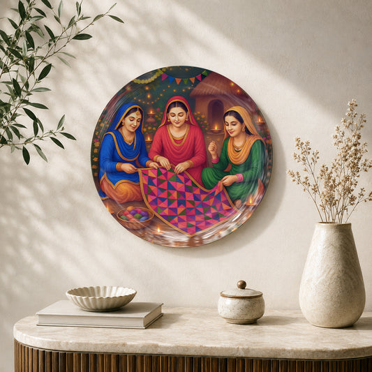 Sanjhi Virasat Phulkari ceramic wall plate featuring three Punjabi women creating traditional textile artwork