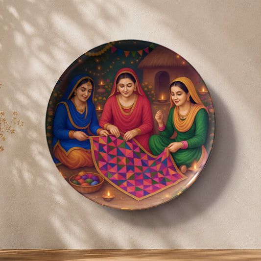 Phulkari traditions of Punjab ceramic wall plate souvenir with colourful Punjabi women and embroidery