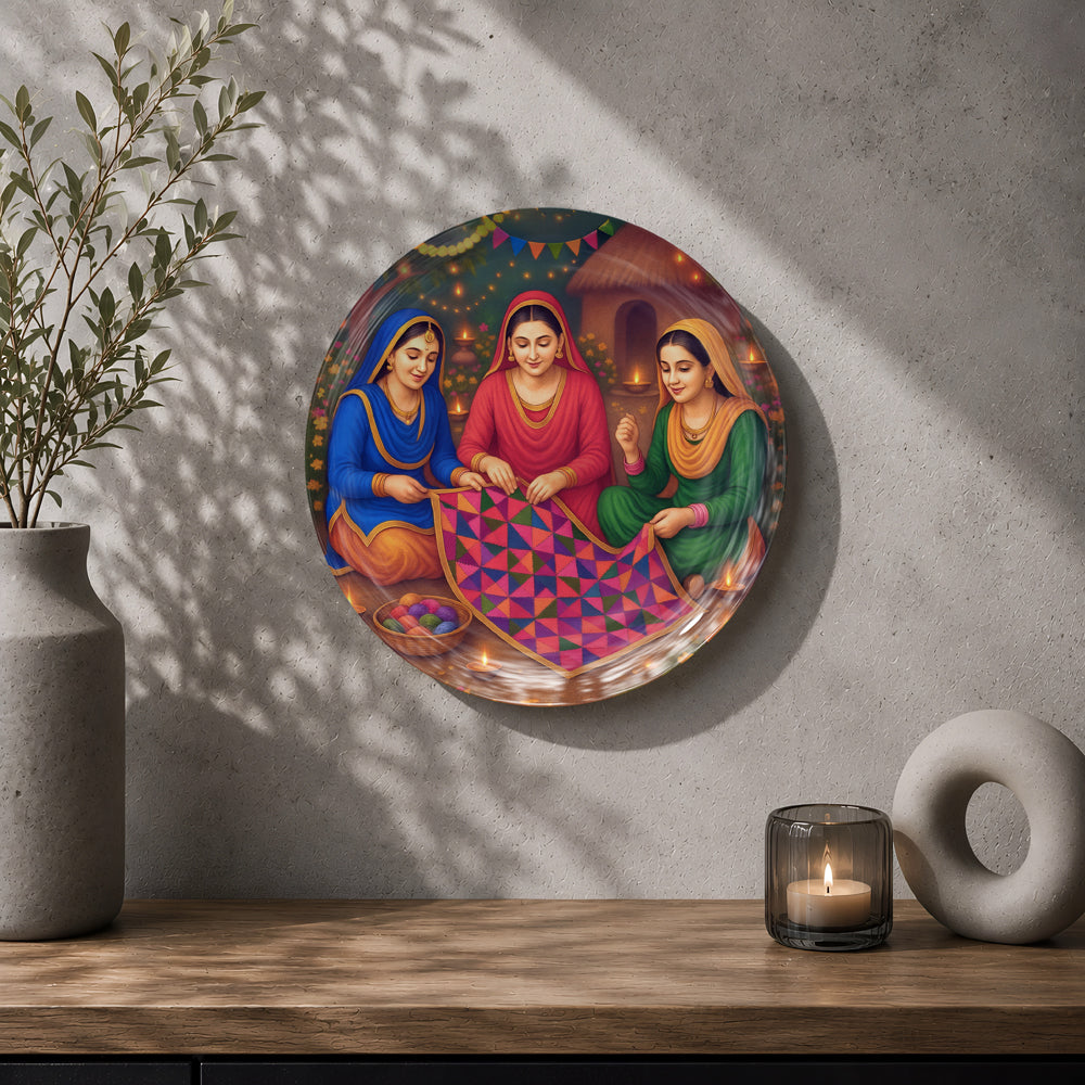 Punjab heritage ceramic wall plate featuring colourful Phulkari textile and traditional Punjabi women