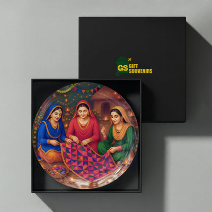 Punjabi Phulkari heritage wall plate souvenir with women creating colourful traditional embroidery