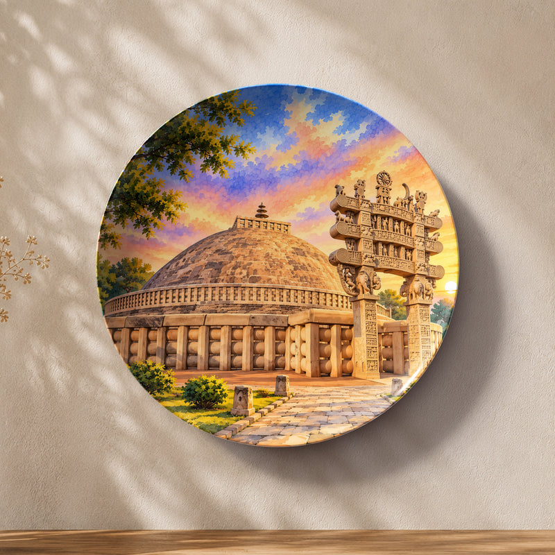 Echoes of Sanchi Great Stupa ceramic wall plate featuring the historic stone dome at sunset
