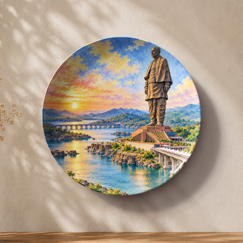 India’s Tallest Tribute Statue of Unity ceramic wall plate featuring Sardar Vallabhbhai Patel at sunset