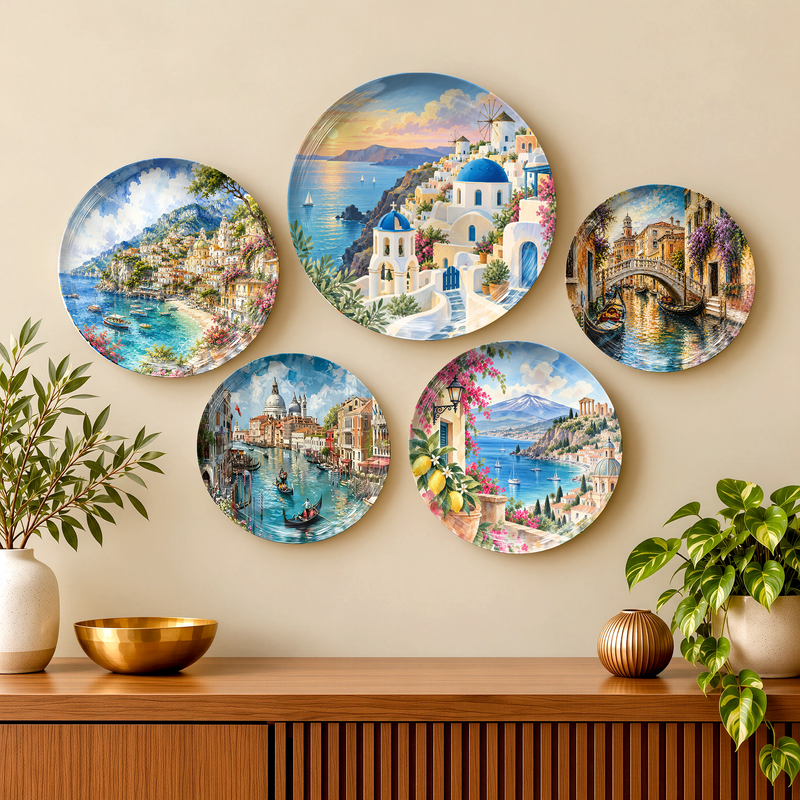 The Mediterranean Edit decorative ceramic wall plates showcasing colourful European coastal landscapes with a glossy premium finish.