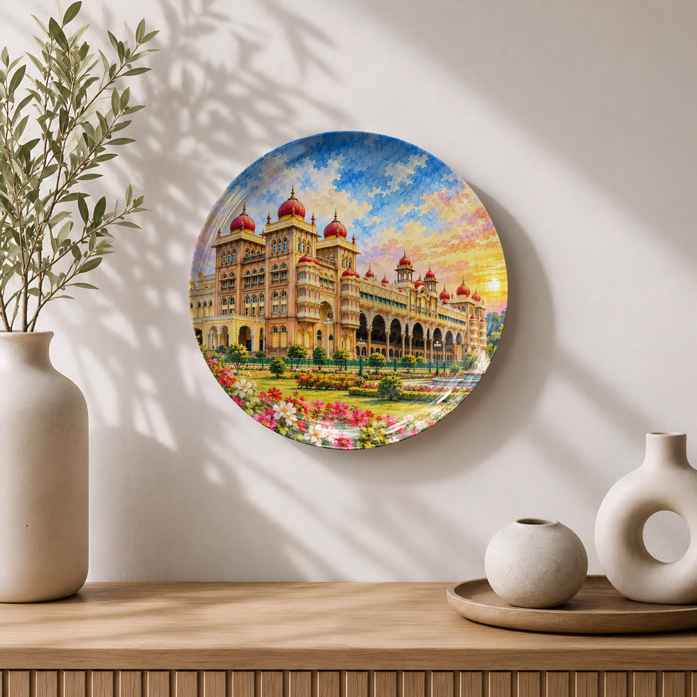 Mysore Palace ceramic souvenir plate showcasing ornate arches and distinctive red domes