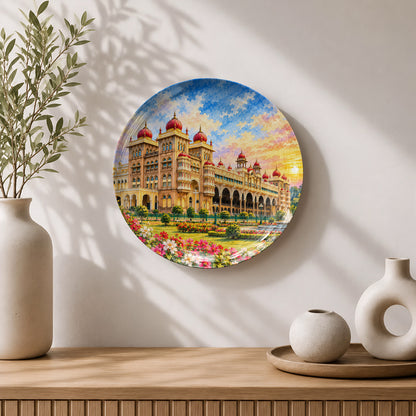 Mysore Palace ceramic souvenir plate showcasing ornate arches and distinctive red domes