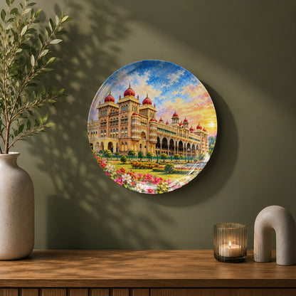 Royal Mysore Glow decorative ceramic plate featuring illustrative Mysore Palace architecture