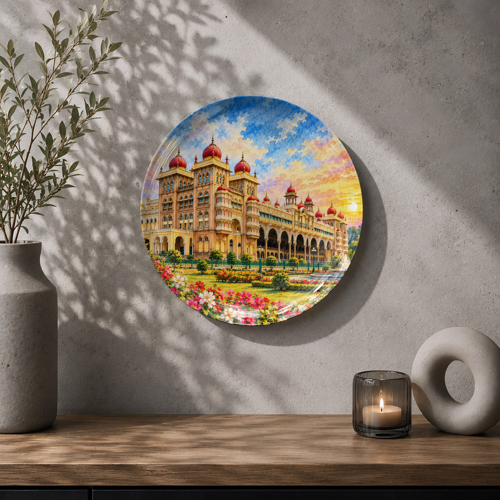 Mysuru Karnataka landmark ceramic wall plate with colourful gardens and golden sunset