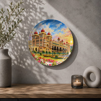 Mysuru Karnataka landmark ceramic wall plate with colourful gardens and golden sunset