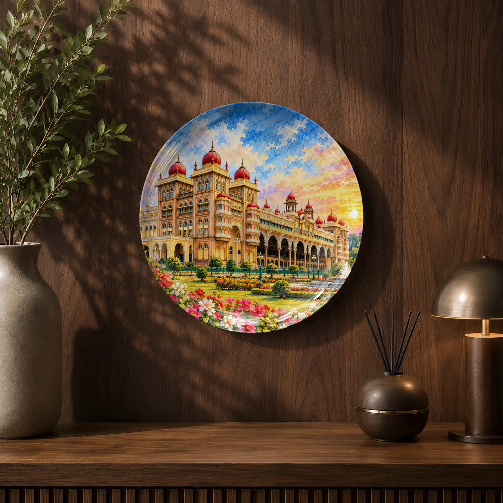 Indian palace ceramic wall décor showcasing Mysore Palace and its vibrant flower gardens