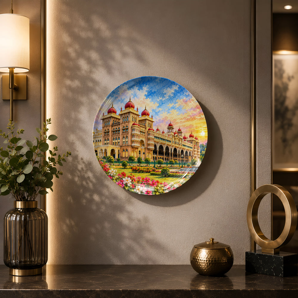 Mysore Palace souvenir wall plate with elegant domes, manicured lawns and colourful flowers