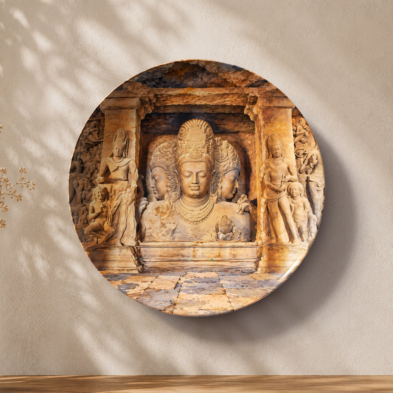 Stone Stories of Elephanta Shiva ceramic wall plate featuring an illustrative multi-faced stone sculpture