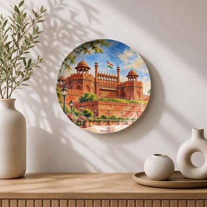 Red Fort Delhi ceramic souvenir plate with Indian national flag and ornate pavilions