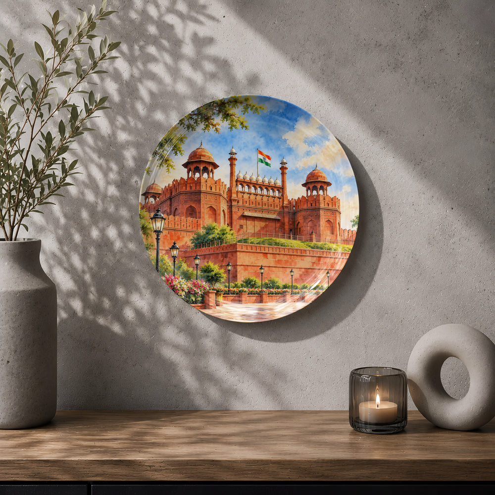 Indian landmark ceramic wall plate showcasing Lal Qila against a bright blue sky
