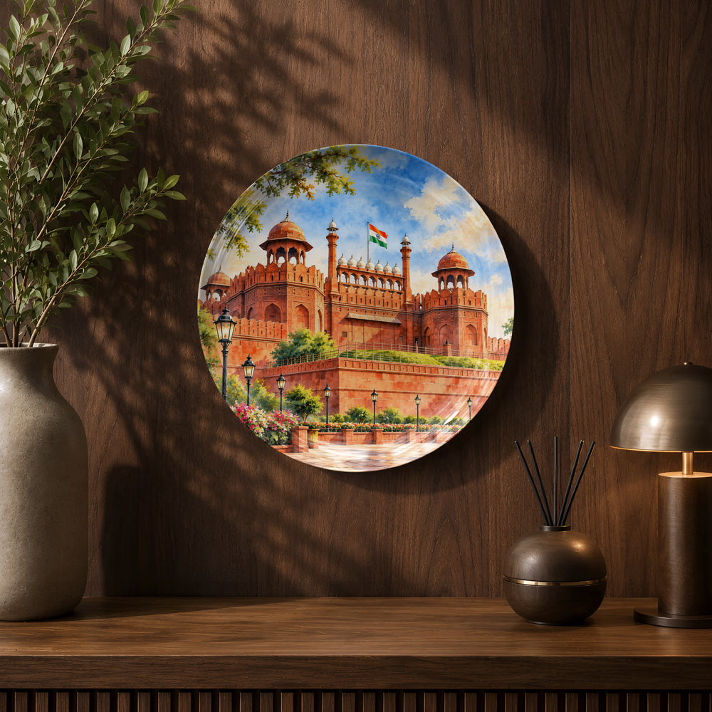 Red Fort architectural artwork printed on a premium glossy ceramic wall plate