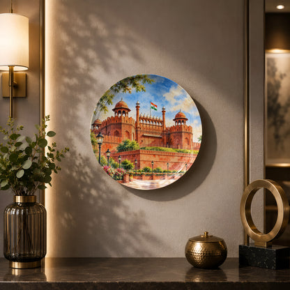 Delhi souvenir wall plate featuring red sandstone ramparts, gardens and vintage-style lamp posts