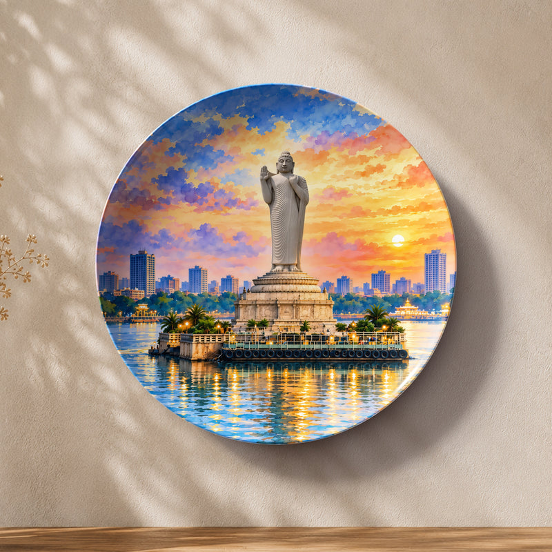 Hyderabad at Sunset Hussain Sagar ceramic wall plate featuring the iconic Buddha statue
